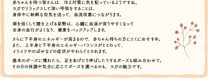 赤ちゃんを待つ皆さんは、冷え対策に気を配っているようですね。ヨガでリラックスして深い呼吸をすることは、身体中に新鮮な空気を送って、血流改善につながります。頭を低くして腰を上げる姿勢は、心臓に血液が戻りやすくなって全身の血行がよくなり、健康をバックアップします。さらに下半身のエネルギーが高まるので、赤ちゃん待ちの方にとくにおすすめ。また、上半身と下半身のエネルギーバランスがととのって、イライラやのぼせなどの症状がやわらぐとされます。基本のポーズに慣れたら、足をあげたり伸ばしたりするポーズも組み合わせて。その日の体調や気分に応じてポーズを選べるのも、ヨガの魅力です。 